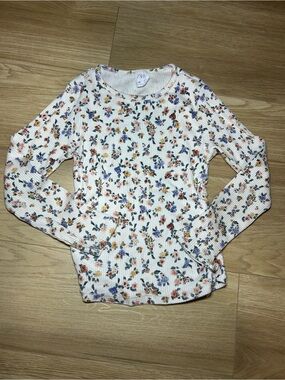 Zara White Ribbed Long Sleeve Top with Multi-Color Floral Print